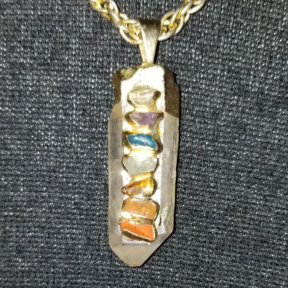 Quartz Crystal Pendant/ Necklace, w/ Chakra Stones